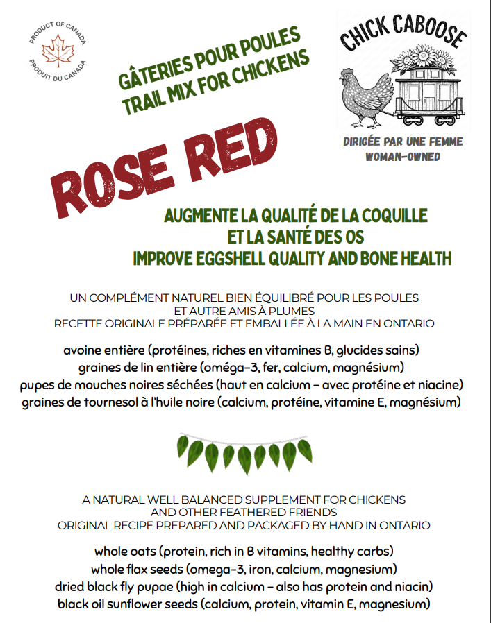 Bienfaits et ingrédients gâteries pour poules Rose Red chick caboose