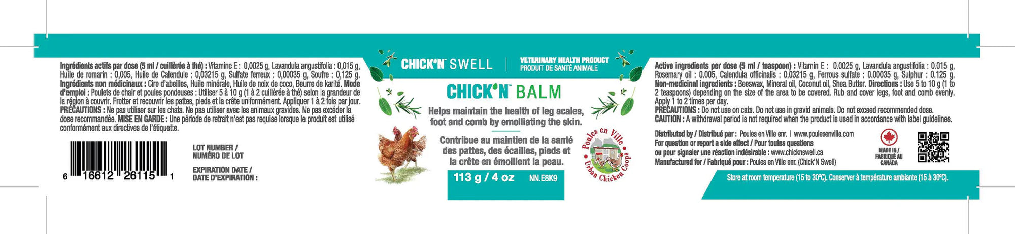 Etiquette detaillee chickn balm soin poules chick n swell