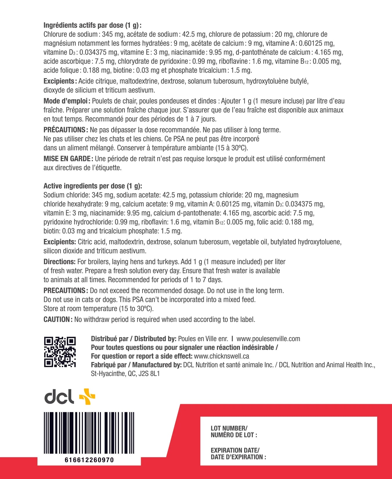 Ingredients mode emploi chickn electro+ electrolyte poules chickn swell